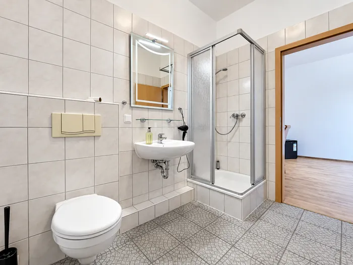 Bad mit Dusche und Blick zurück ins Zimmer